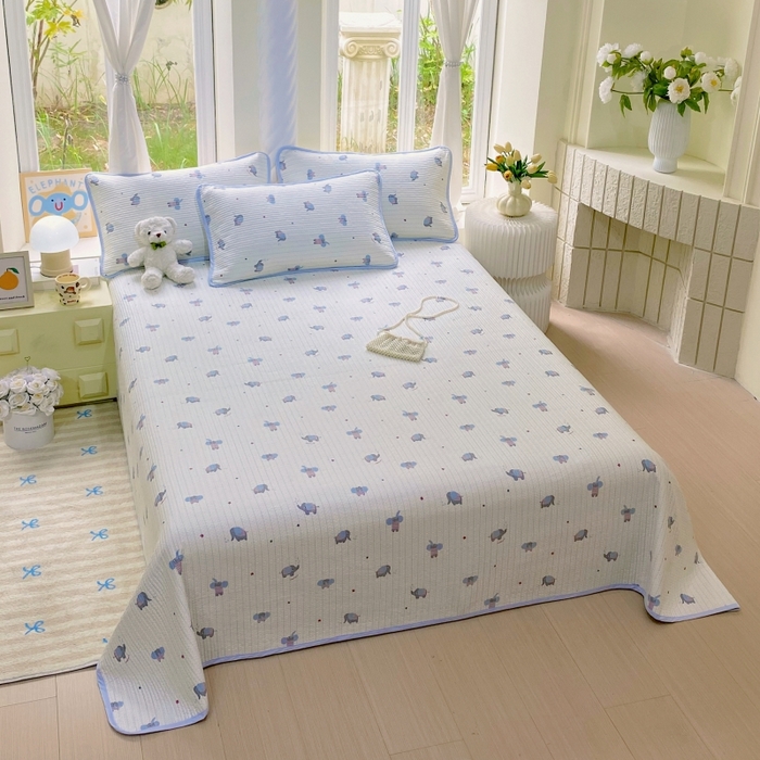 91家纺网 家纺一手货源 找家纺 金丝兔 2025新款ins小清新亲肤斜纹纯棉四件套 印花全棉夹棉床盖四件套 波点大象