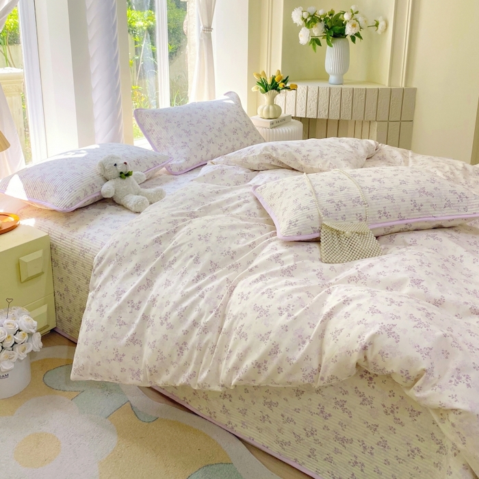 金丝兔 2025新款ins小清新亲肤斜纹纯棉四件套 印花全棉夹棉床盖四件套 春风里