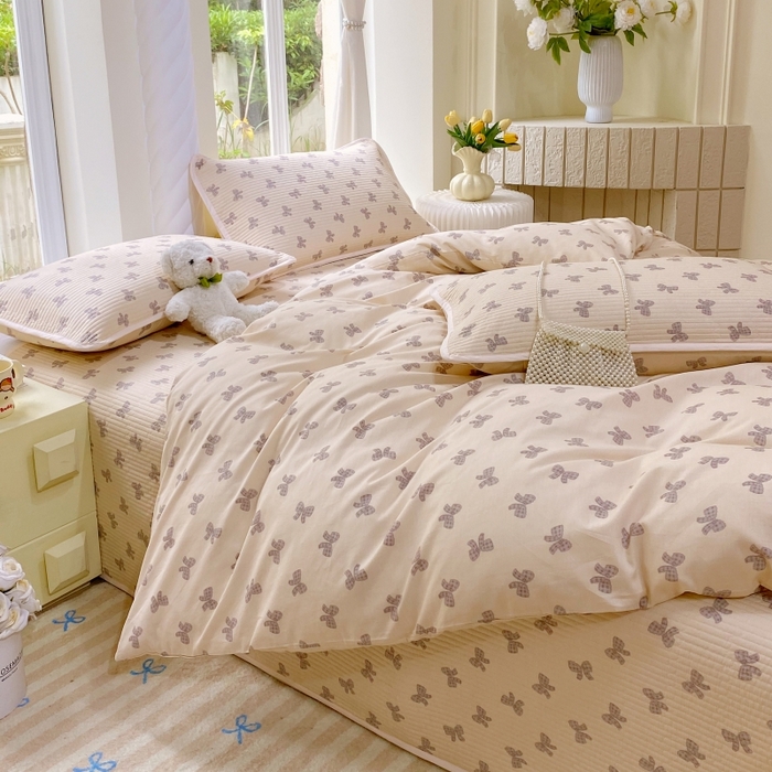 金丝兔 2025新款ins小清新亲肤斜纹纯棉四件套 印花全棉夹棉床盖四件套 慕斯