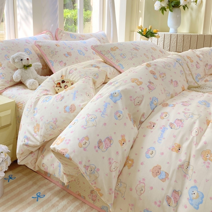 91家纺网 家纺一手货源 找家纺 （总）金丝兔 2025新款ins小清新亲肤斜纹纯棉四件套 印花全棉夹棉床盖四件套