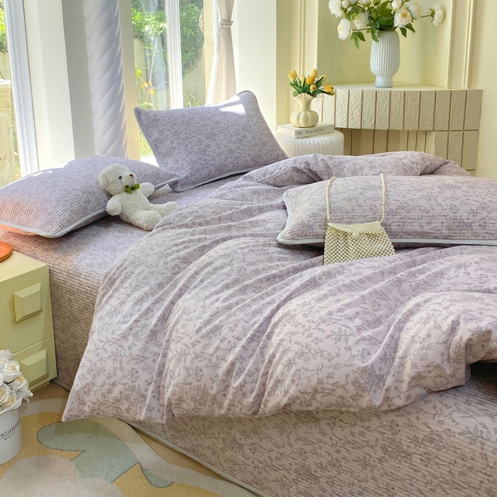 91家纺网 家纺一手货源 找家纺 （总）金丝兔 2025新款ins小清新亲肤斜纹纯棉四件套 印花全棉夹棉床盖四件套