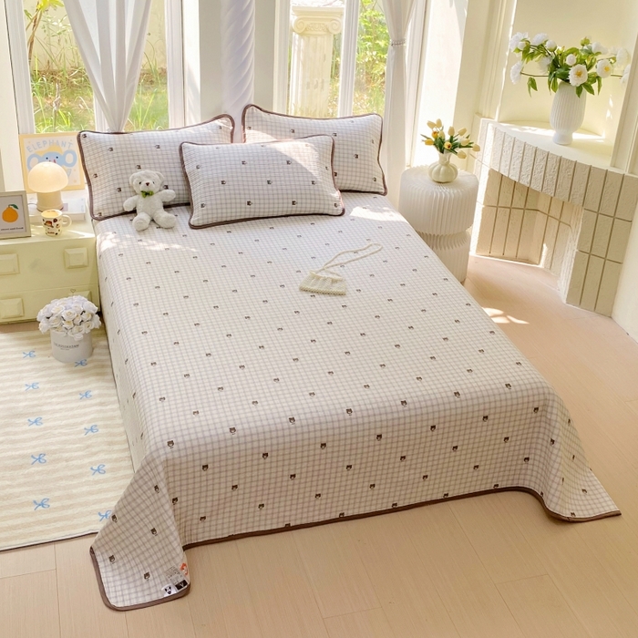 91家纺网 家纺一手货源 找家纺 金丝兔 2025新款ins小清新亲肤斜纹纯棉四件套 印花全棉夹棉床盖四件套 格子熊