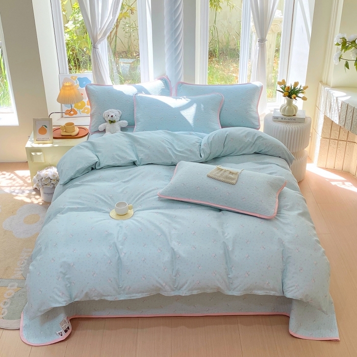 91家纺网 家纺一手货源 找家纺 金丝兔 2025新款ins小清新亲肤斜纹纯棉四件套 印花全棉夹棉床盖四件套 云兰香