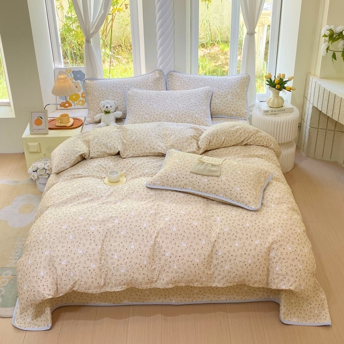 91家纺网 家纺一手货源 找家纺 金丝兔 2025新款ins小清新亲肤斜纹纯棉四件套 印花全棉夹棉床盖四件套 仙妮兔