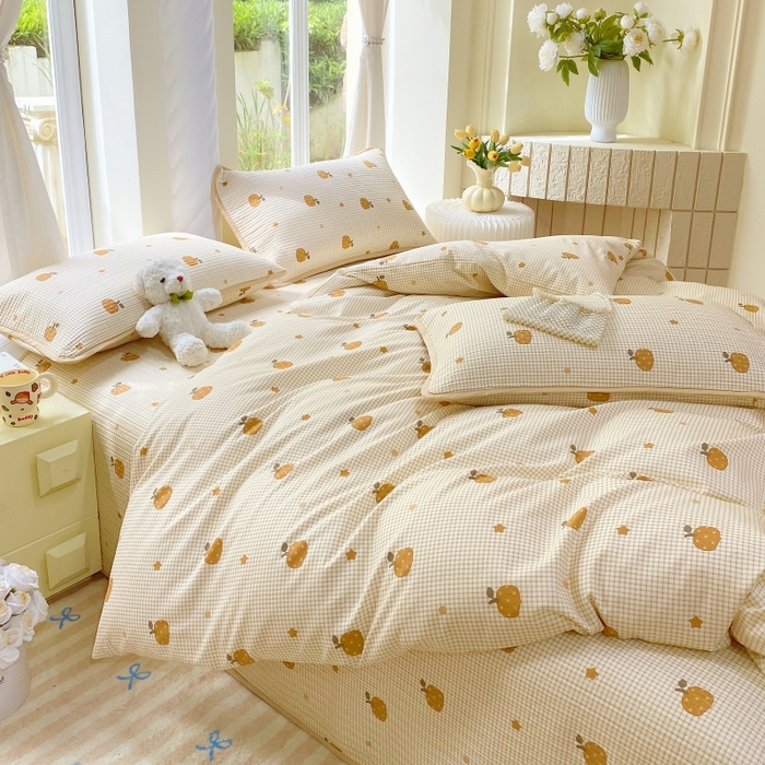 91家纺网 家纺一手货源 找家纺 金丝兔 2025新款ins小清新亲肤斜纹纯棉四件套 印花全棉夹棉床盖四件套 甜心南瓜