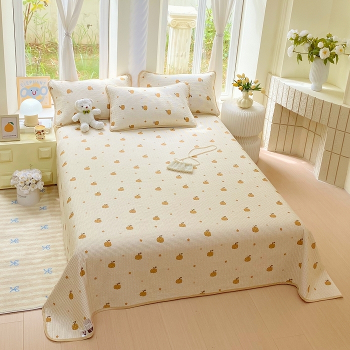 91家纺网 家纺一手货源 找家纺 金丝兔 2025新款ins小清新亲肤斜纹纯棉四件套 印花全棉夹棉床盖四件套 甜心南瓜