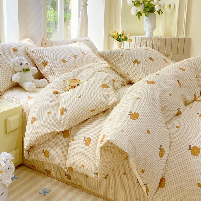 91家纺网 家纺一手货源 找家纺 金丝兔 2025新款ins小清新亲肤斜纹纯棉四件套 印花全棉夹棉床盖四件套 甜心南瓜