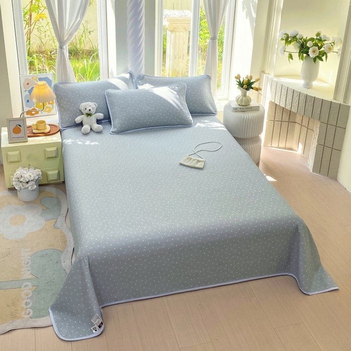 91家纺网 家纺一手货源 找家纺 金丝兔 2025新款ins小清新亲肤斜纹纯棉四件套 印花全棉夹棉床盖四件套 樱桃-蓝