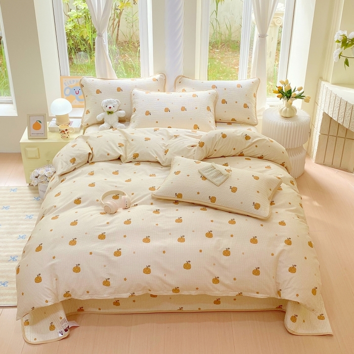 91家纺网 家纺一手货源 找家纺 金丝兔 2025新款ins小清新亲肤斜纹纯棉四件套 印花全棉夹棉床盖四件套 甜心南瓜