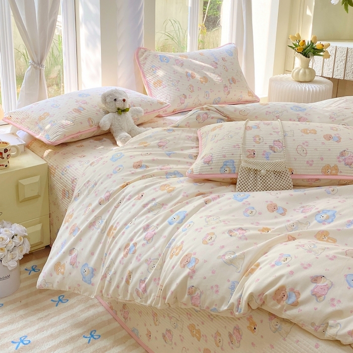 金丝兔 2025新款ins小清新亲肤斜纹纯棉四件套 印花全棉夹棉床盖四件套 萌宠乐园