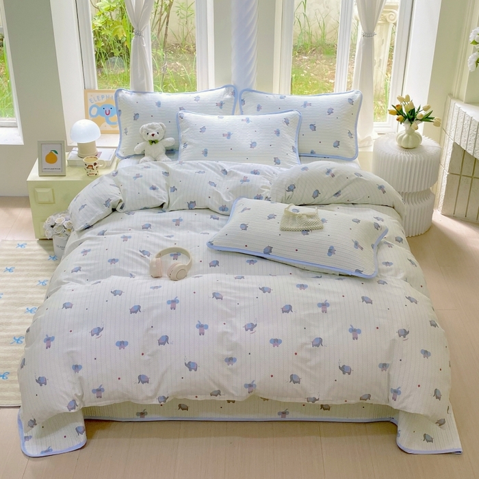 91家纺网 家纺一手货源 找家纺 金丝兔 2025新款ins小清新亲肤斜纹纯棉四件套 印花全棉夹棉床盖四件套 波点大象