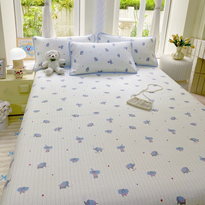 91家纺网 家纺一手货源 找家纺 金丝兔 2025新款小清新斜纹纯棉床盖 全棉夹棉床盖 床盖三件套 榻榻米抗盖绗缝加厚床单 波点大象