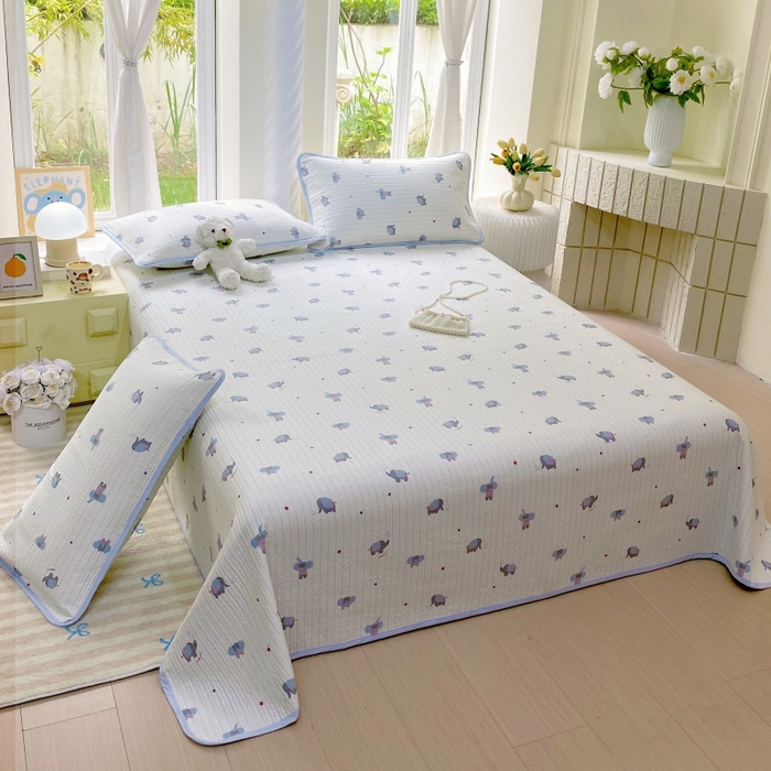 91家纺网 家纺一手货源 找家纺 金丝兔 2025新款小清新斜纹纯棉床盖 全棉夹棉床盖 床盖三件套 榻榻米抗盖绗缝加厚床单 波点大象