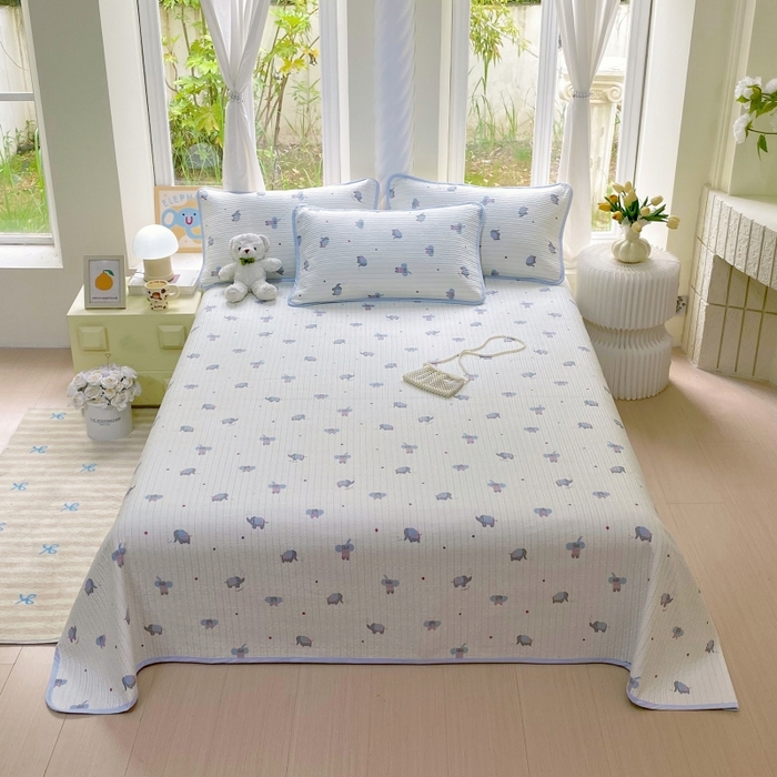 91家纺网 家纺一手货源 找家纺 金丝兔 2025新款小清新斜纹纯棉床盖 全棉夹棉床盖 床盖三件套 榻榻米抗盖绗缝加厚床单 波点大象