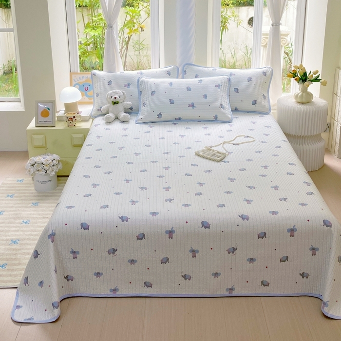 91家纺网 家纺一手货源 找家纺 金丝兔 2025新款小清新斜纹纯棉床盖 全棉夹棉床盖 床盖三件套 榻榻米抗盖绗缝加厚床单 波点大象