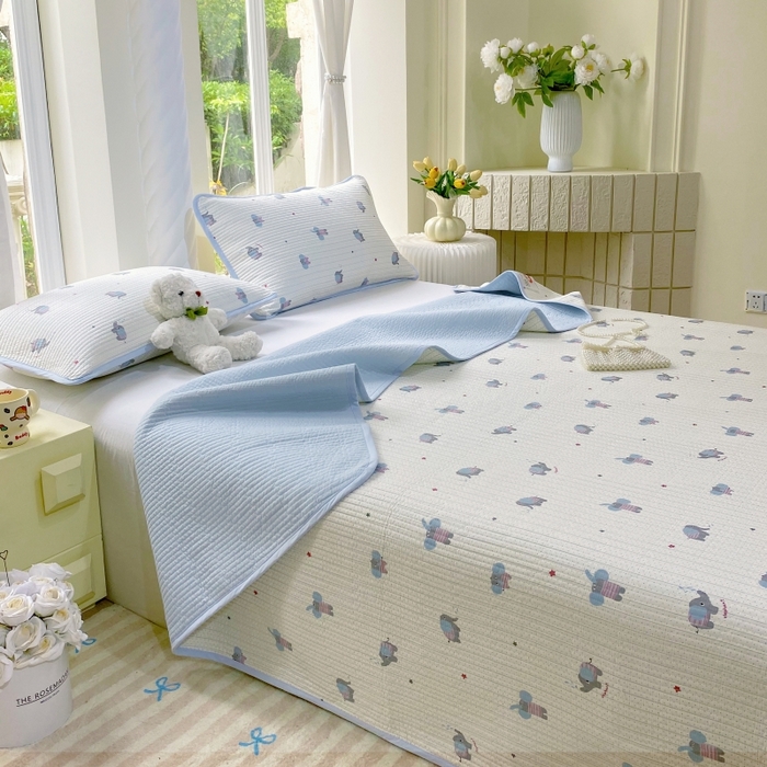 91家纺网 家纺一手货源 找家纺 金丝兔 2025新款小清新斜纹纯棉床盖 全棉夹棉床盖 床盖三件套 榻榻米抗盖绗缝加厚床单 波点大象