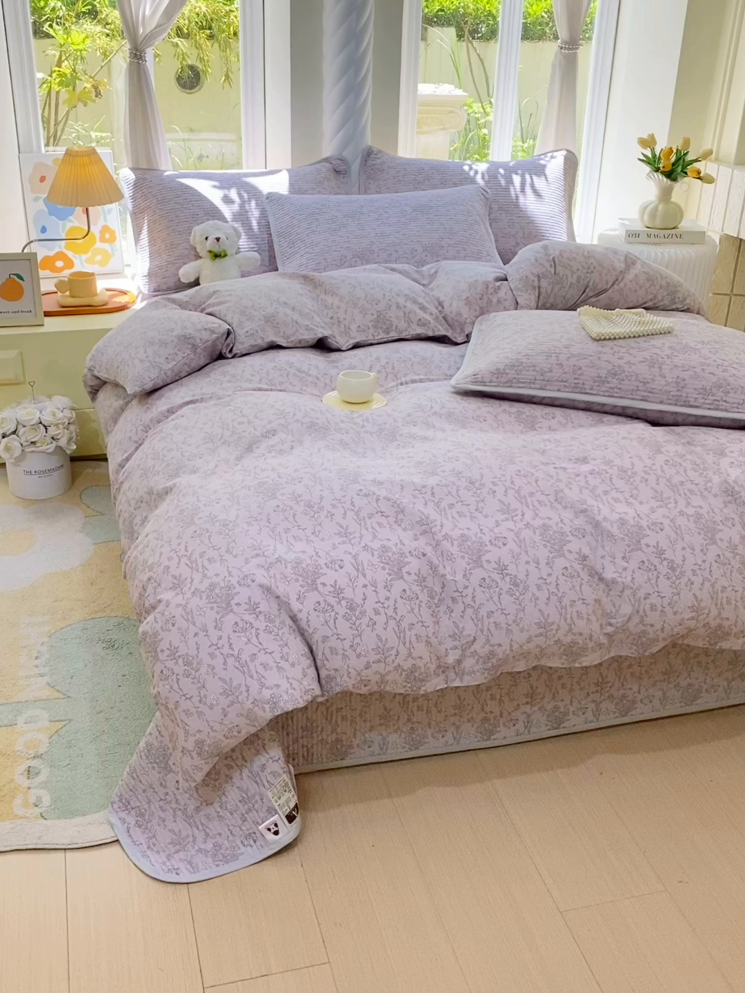 91家纺网 家纺一手货源 找家纺 金丝兔 2025新款ins小清新亲肤斜纹纯棉四件套 印花全棉夹棉床盖四件套 浮梦