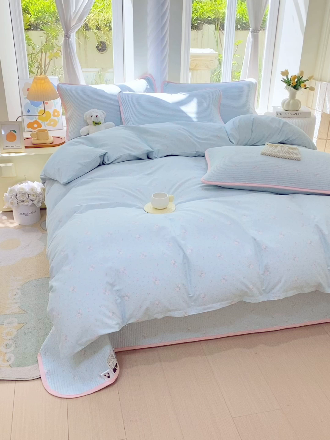 91家纺网 家纺一手货源 找家纺 金丝兔 2025新款ins小清新亲肤斜纹纯棉四件套 印花全棉夹棉床盖四件套 云兰香