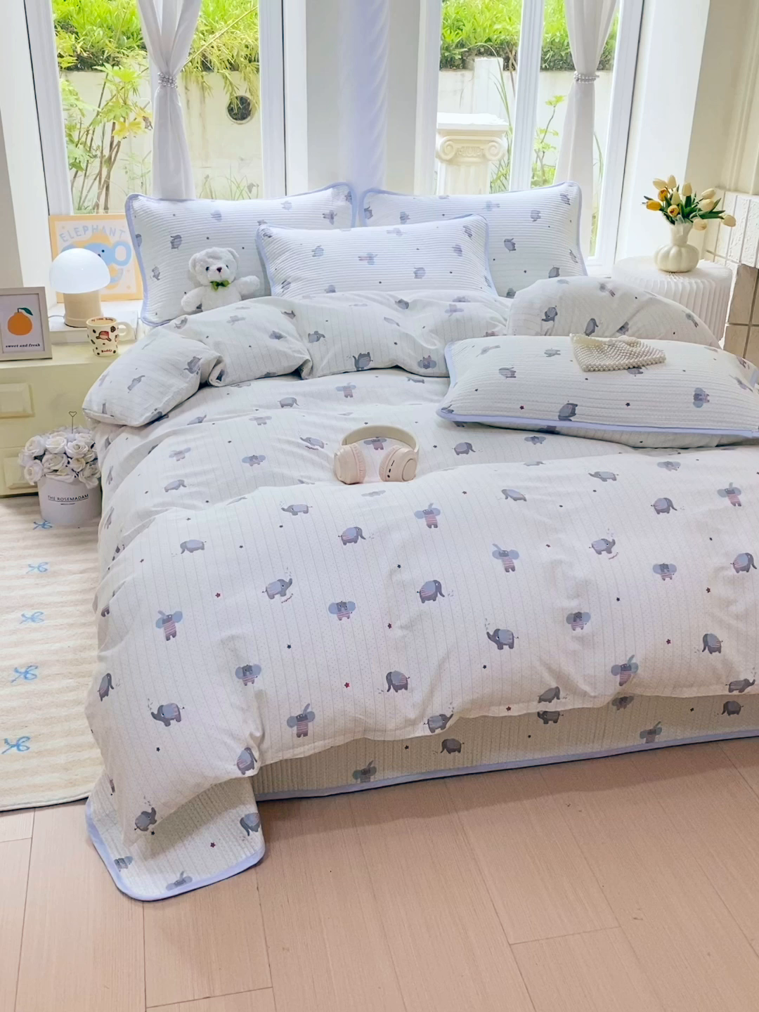 91家纺网 家纺一手货源 找家纺 金丝兔 2025新款ins小清新亲肤斜纹纯棉四件套 印花全棉夹棉床盖四件套 波点大象