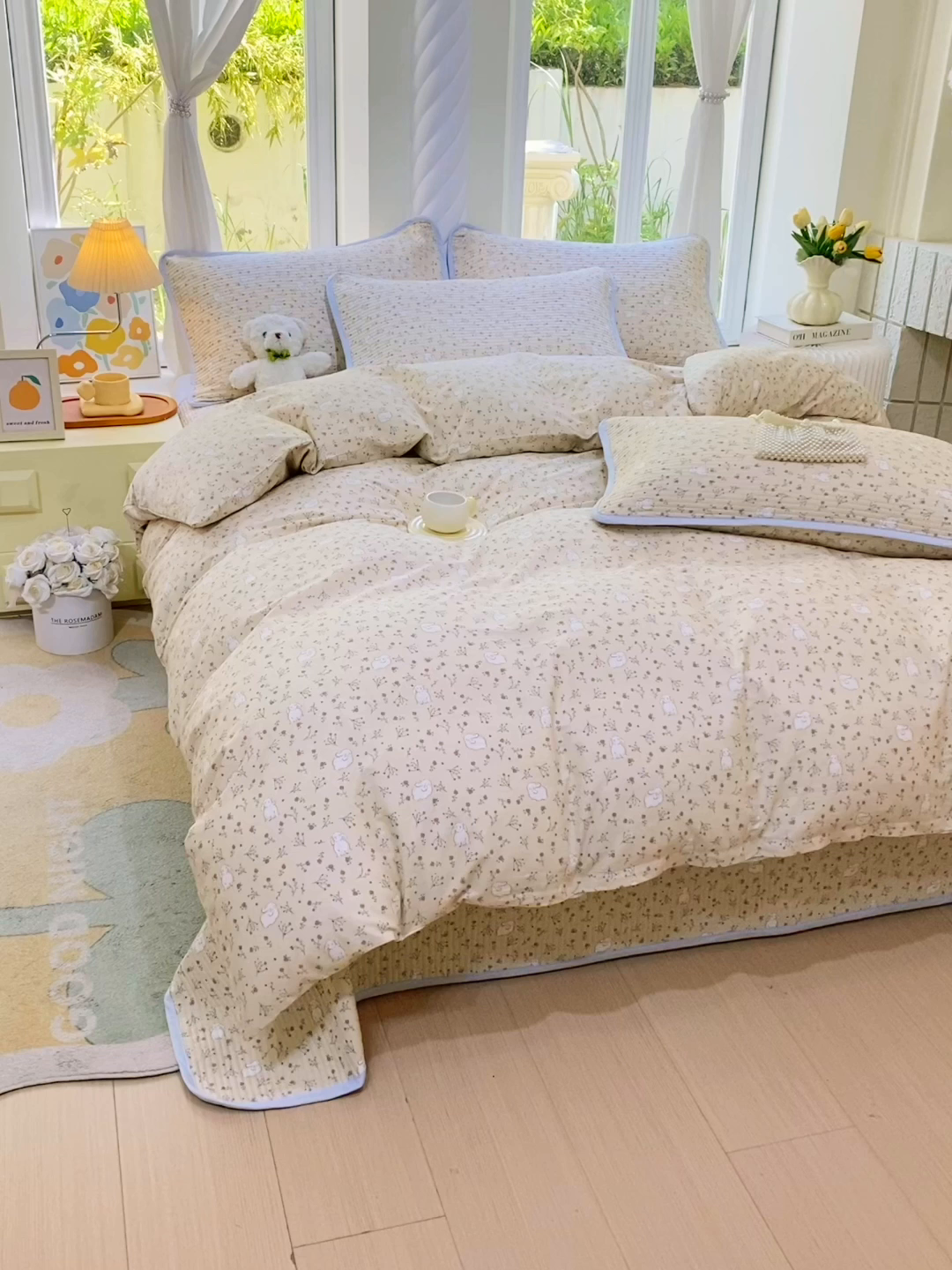 91家纺网 家纺一手货源 找家纺 金丝兔 2025新款ins小清新亲肤斜纹纯棉四件套 印花全棉夹棉床盖四件套 仙妮兔