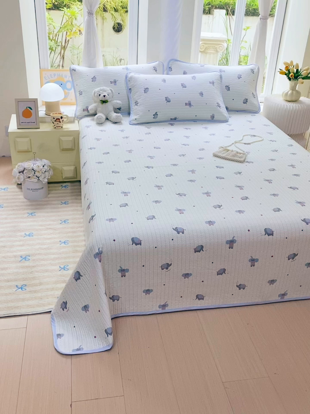 91家纺网 家纺一手货源 找家纺 金丝兔 2025新款小清新斜纹纯棉床盖 全棉夹棉床盖 床盖三件套 榻榻米抗盖绗缝加厚床单 波点大象