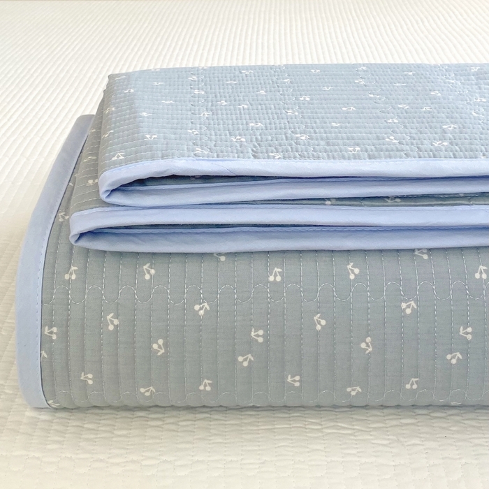 金丝兔 2025新款小清新斜纹纯棉床盖 全棉夹棉床盖 床盖三件套 榻榻米抗盖绗缝加厚床单 樱桃-蓝