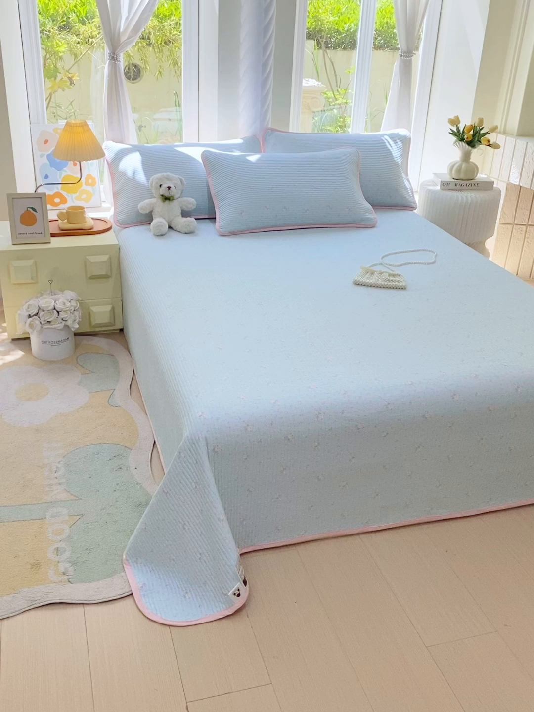 91家纺网 家纺一手货源 找家纺 金丝兔 2025新款小清新斜纹纯棉床盖 全棉夹棉床盖 床盖三件套 榻榻米抗盖绗缝加厚床单 云兰香