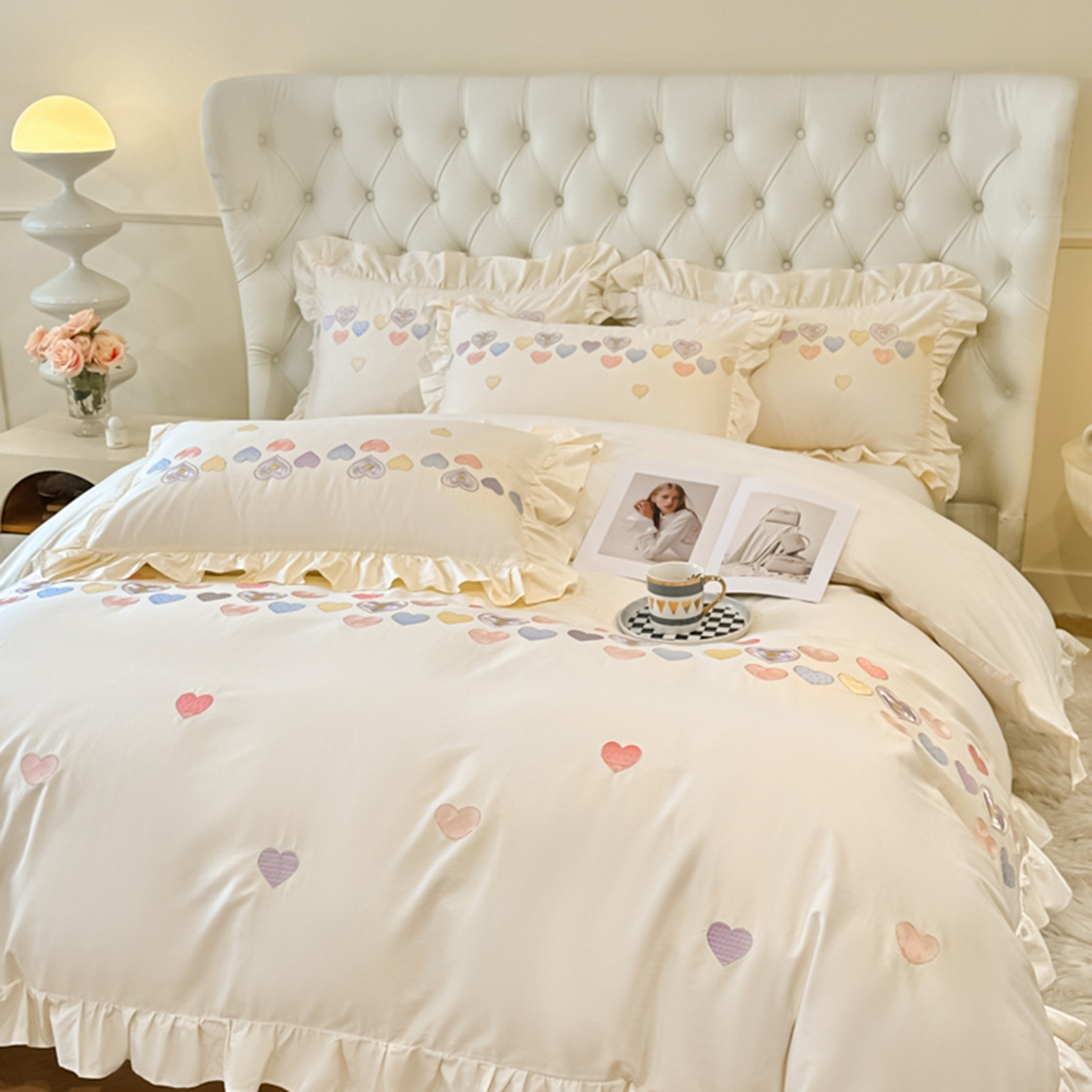 魅都 2025新款100S全棉刺绣款四件套-心恋 米白