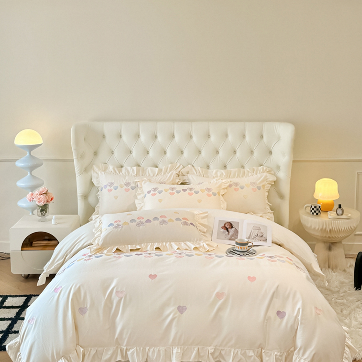 91家纺网 家纺一手货源 找家纺 魅都 2025新款100S全棉刺绣款四件套-心恋 米白