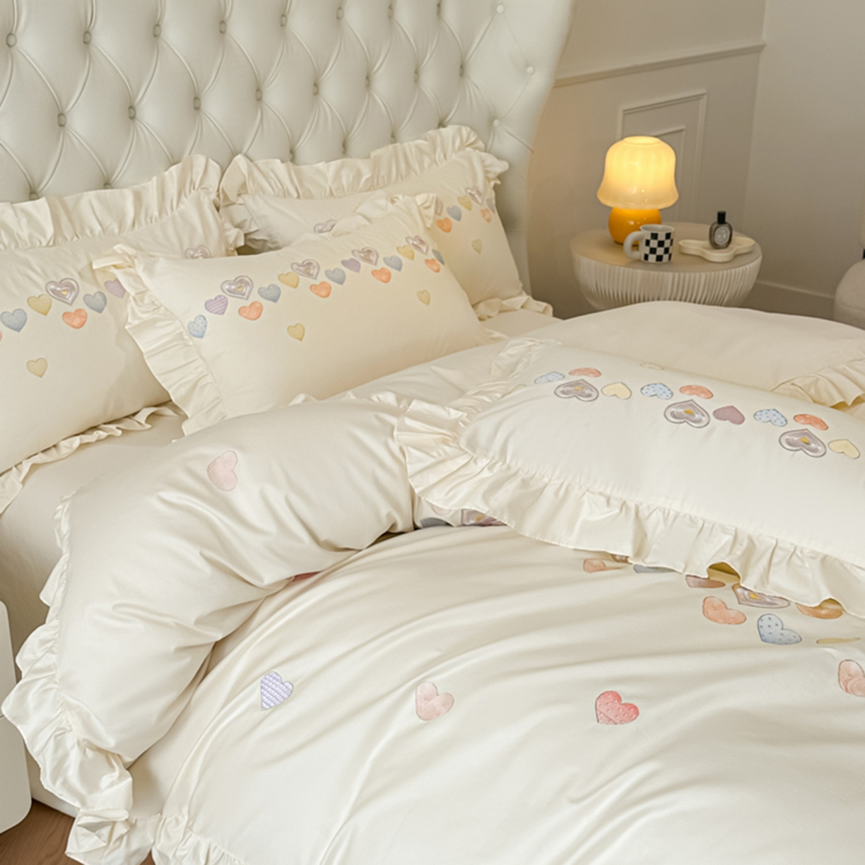 91家纺网 家纺一手货源 找家纺 魅都 2025新款100S全棉刺绣款四件套-心恋 米白