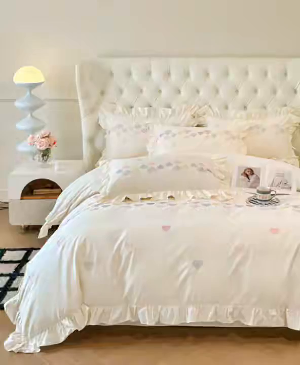 91家纺网 家纺一手货源 找家纺 魅都 2025新款100S全棉刺绣款四件套-心恋 米白