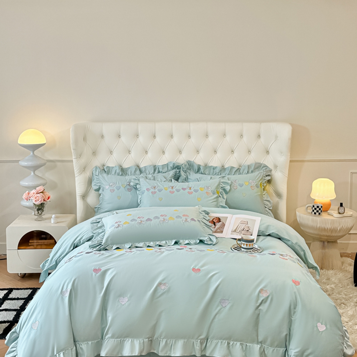 91家纺网 家纺一手货源 找家纺 魅都 2025新款100S全棉刺绣款四件套-心恋 飘蓝