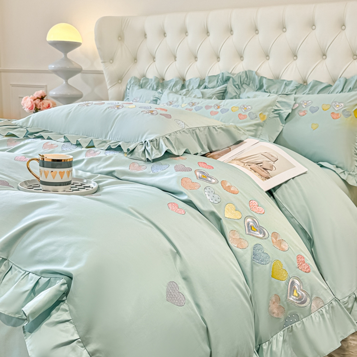 91家纺网 家纺一手货源 找家纺 魅都 2025新款100S全棉刺绣款四件套-心恋 飘蓝