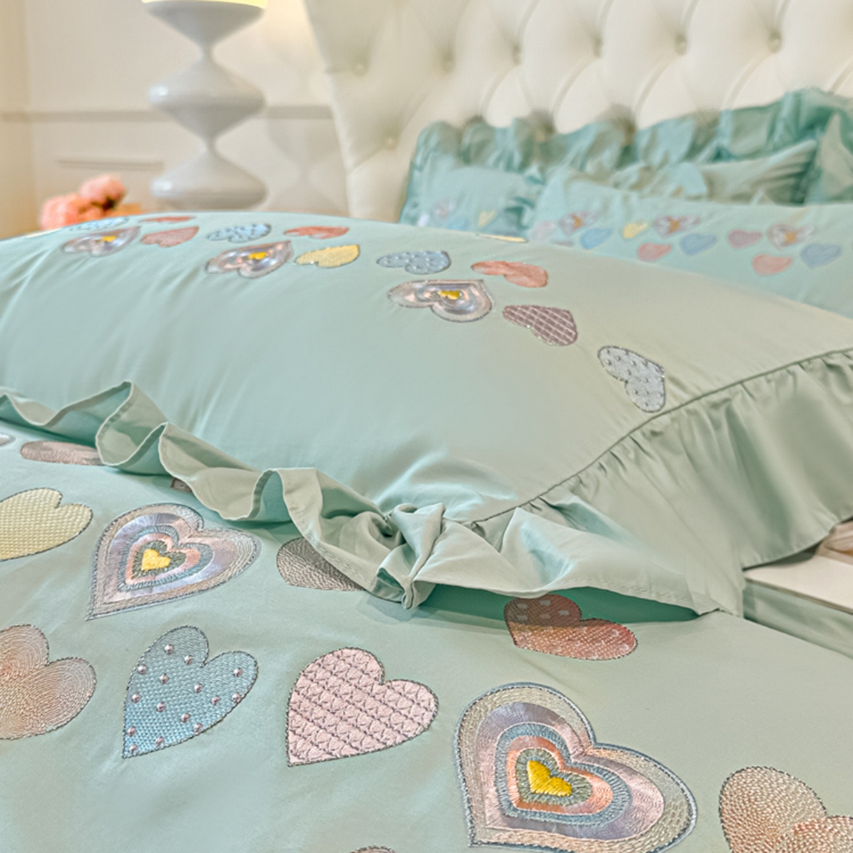 91家纺网 家纺一手货源 找家纺 魅都 2025新款100S全棉刺绣款四件套-心恋 飘蓝