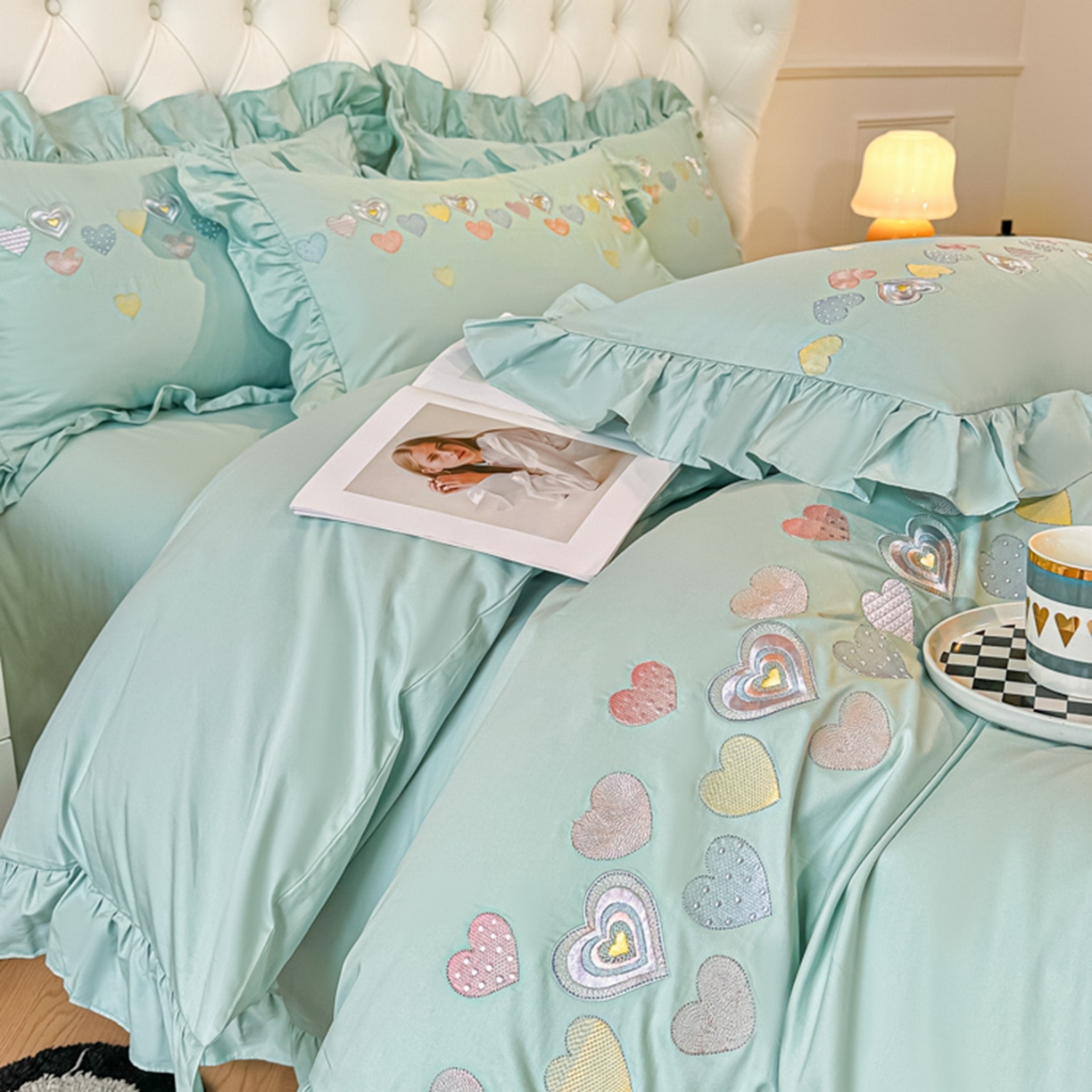 91家纺网 家纺一手货源 找家纺 魅都 2025新款100S全棉刺绣款四件套-心恋 飘蓝