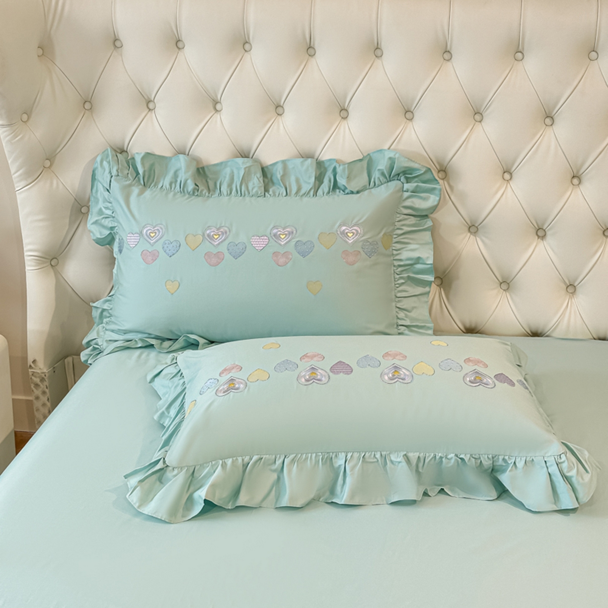 91家纺网 家纺一手货源 找家纺 魅都 2025新款100S全棉刺绣款四件套-心恋 飘蓝