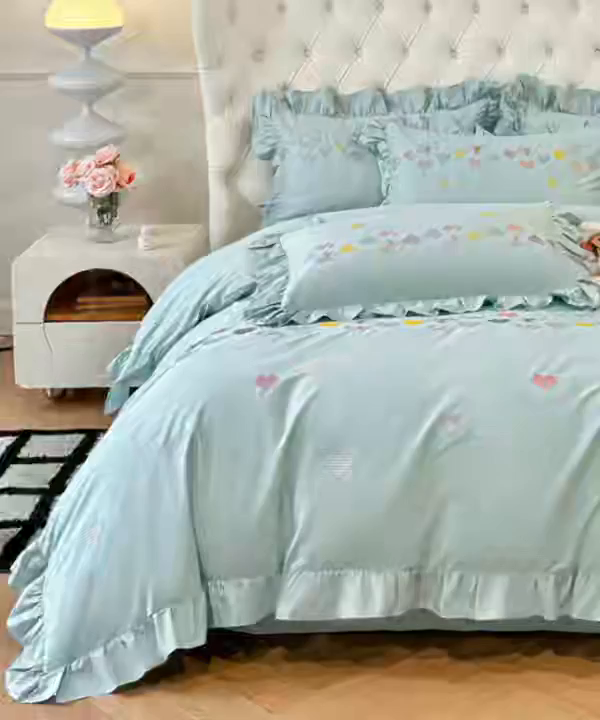 91家纺网 家纺一手货源 找家纺 魅都 2025新款100S全棉刺绣款四件套-心恋 飘蓝
