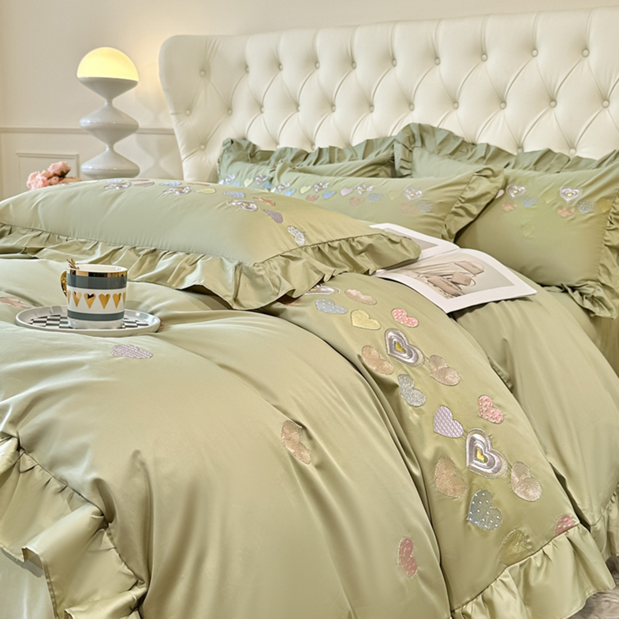 91家纺网 家纺一手货源 找家纺 魅都 2025新款100S全棉刺绣款四件套-心恋 松绿