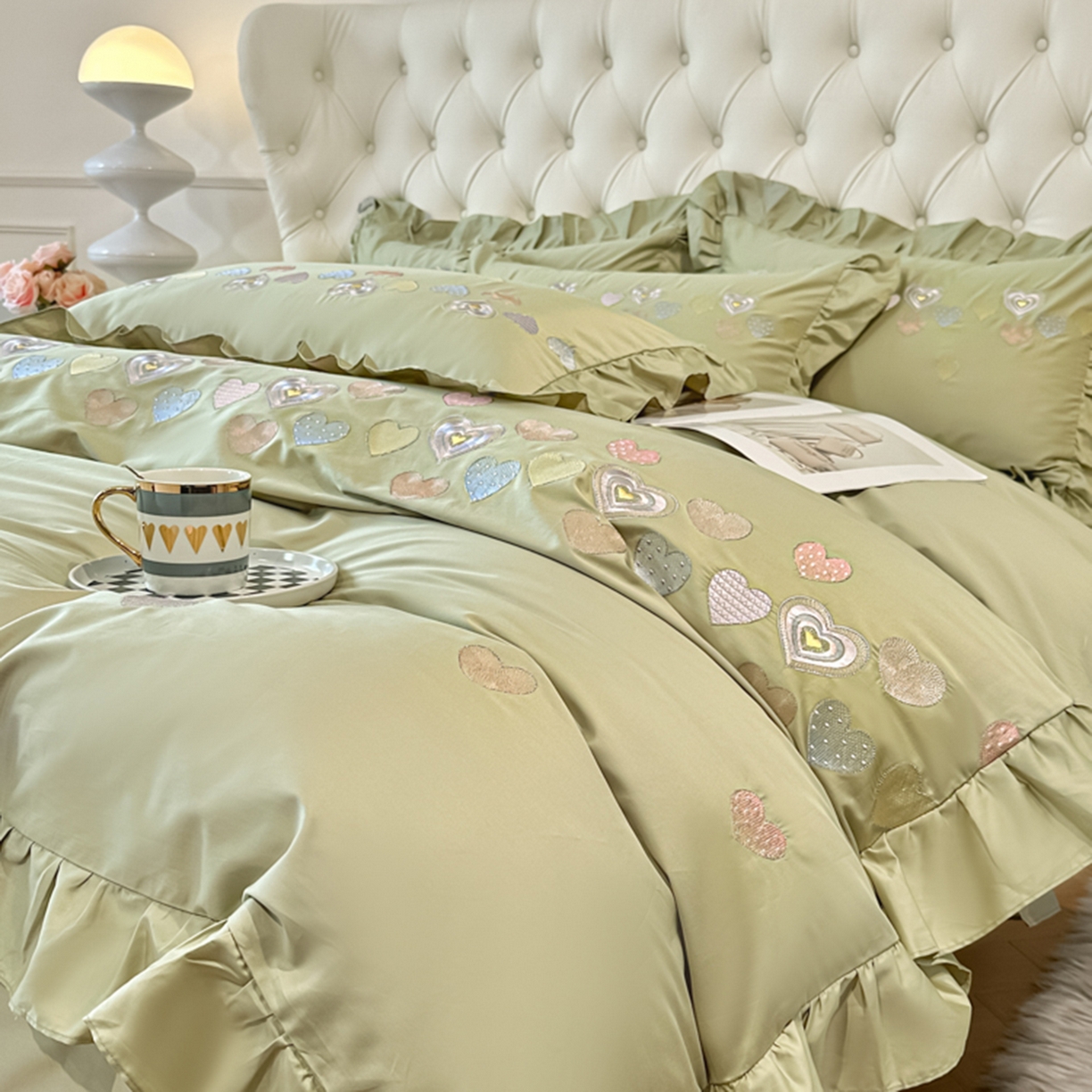 91家纺网 家纺一手货源 找家纺 魅都 2025新款100S全棉刺绣款四件套-心恋 松绿