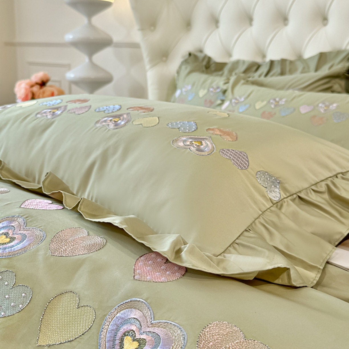 91家纺网 家纺一手货源 找家纺 魅都 2025新款100S全棉刺绣款四件套-心恋 松绿