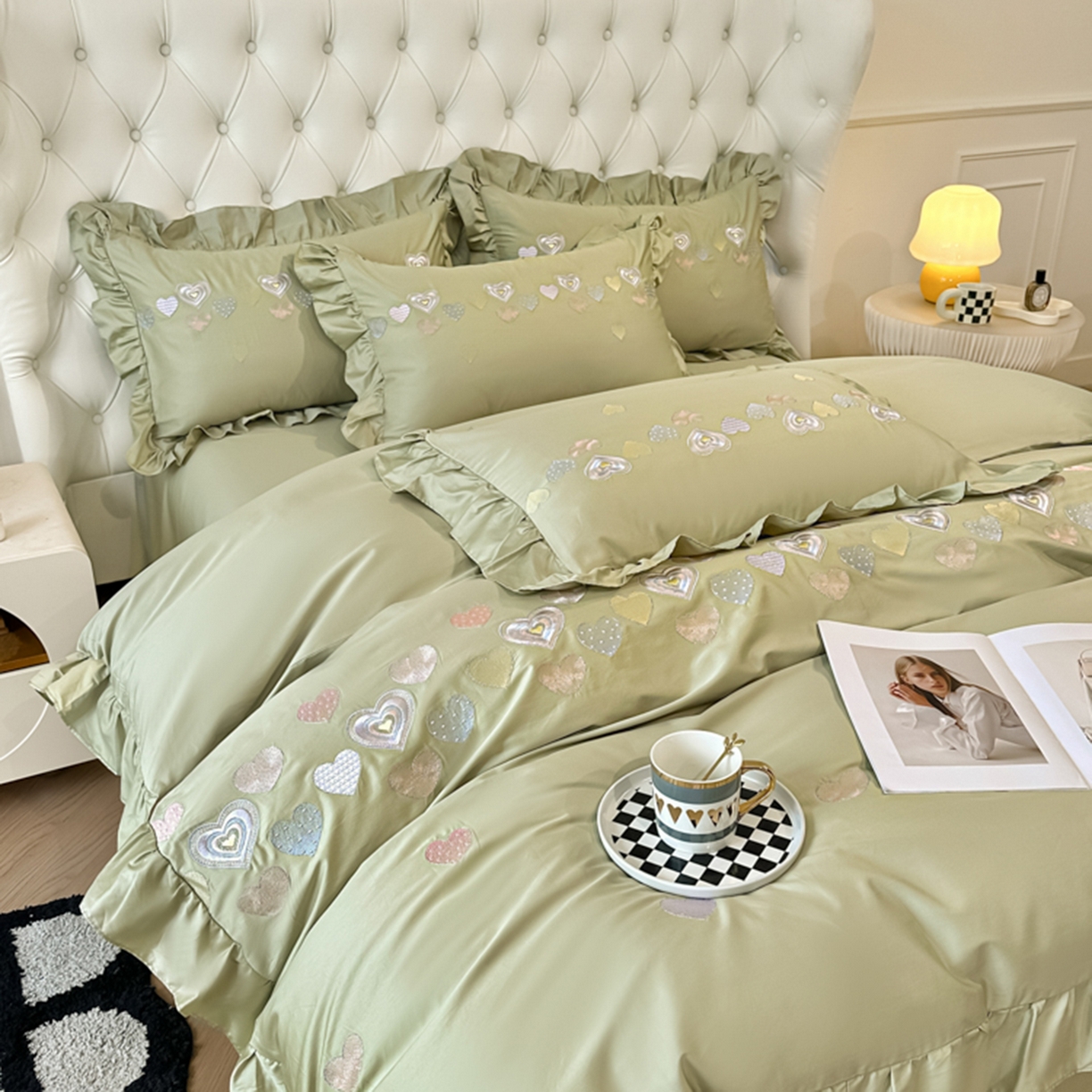 91家纺网 家纺一手货源 找家纺 魅都 2025新款100S全棉刺绣款四件套-心恋 松绿