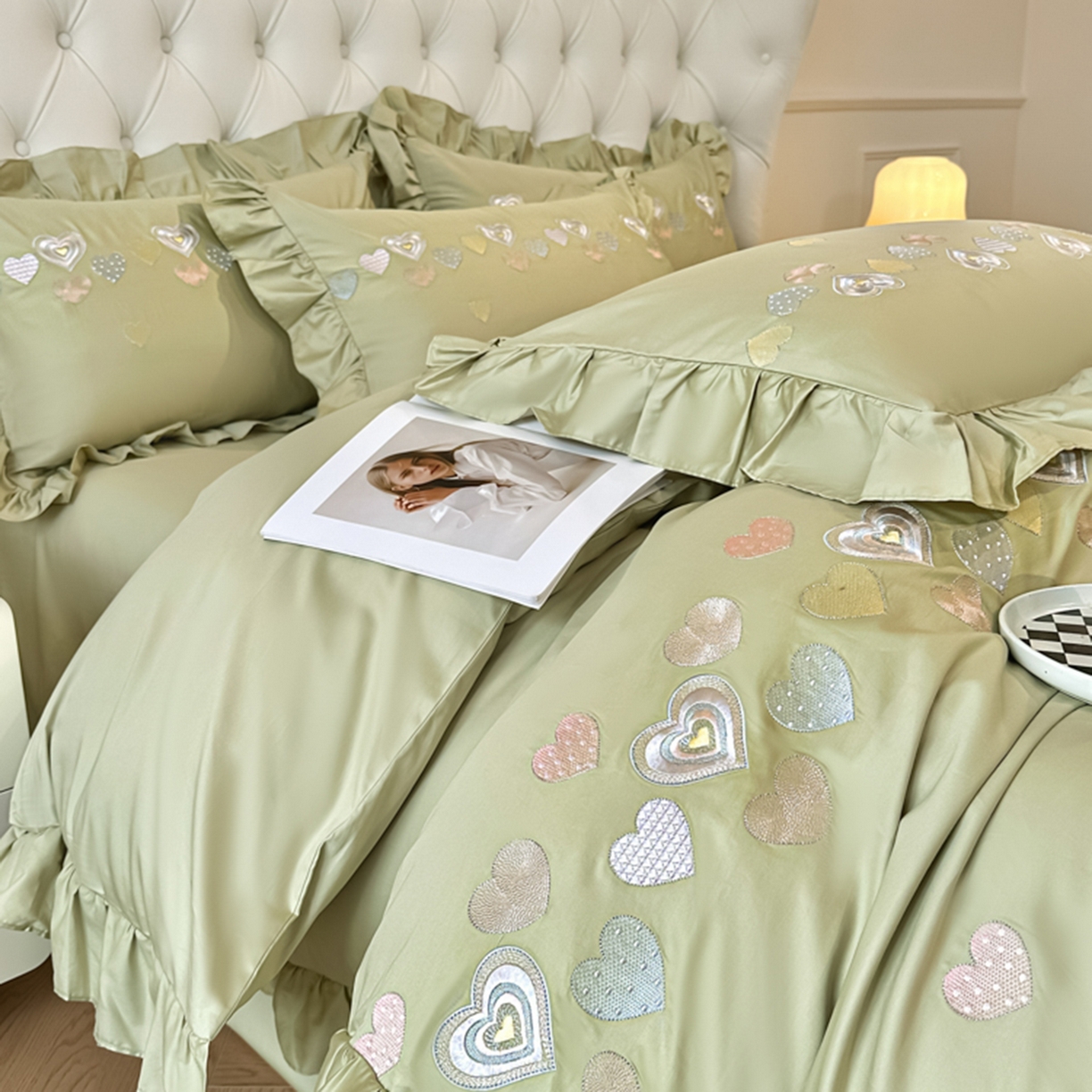 91家纺网 家纺一手货源 找家纺 魅都 2025新款100S全棉刺绣款四件套-心恋 松绿