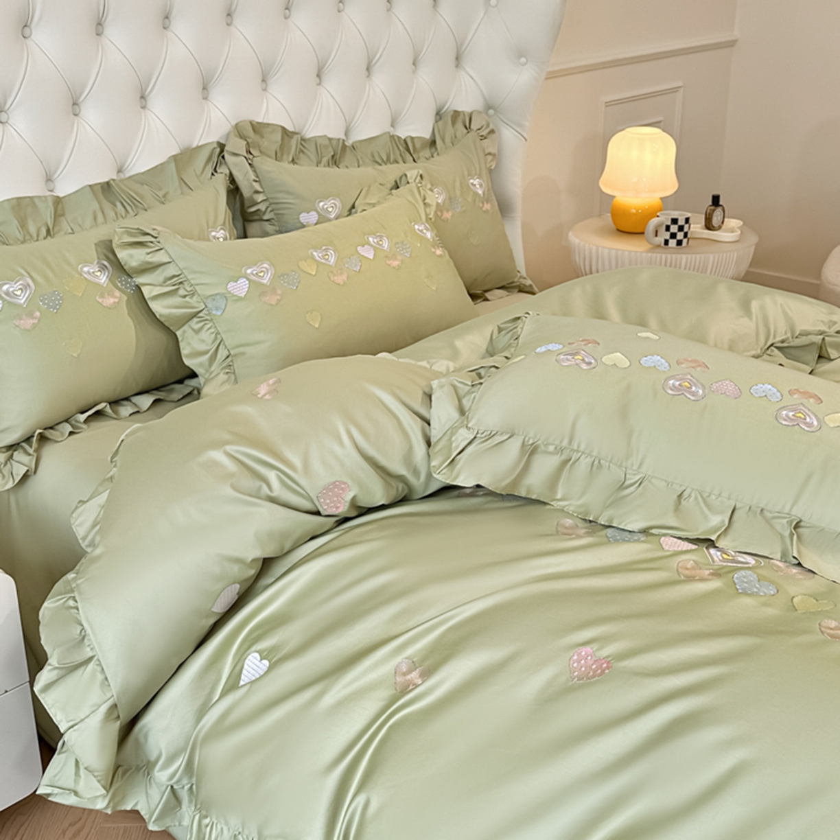 91家纺网 家纺一手货源 找家纺 魅都 2025新款100S全棉刺绣款四件套-心恋 松绿
