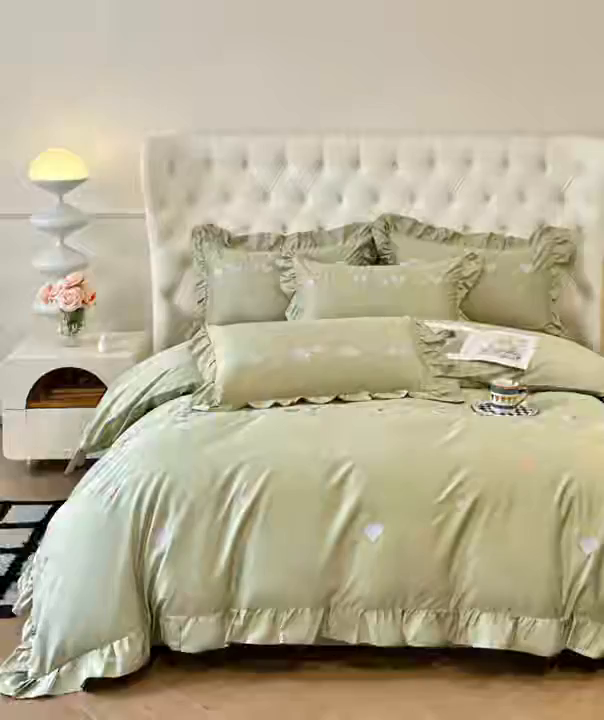 91家纺网 家纺一手货源 找家纺 魅都 2025新款100S全棉刺绣款四件套-心恋 松绿