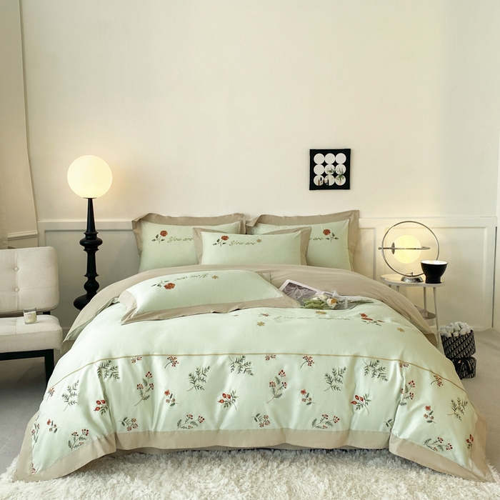 91家纺网 家纺一手货源 找家纺 2025新款小清新全棉纯棉四件套-若溪 麦田绿