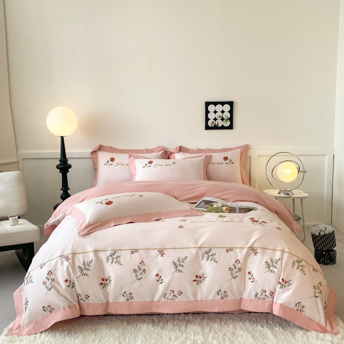 91家纺网 家纺一手货源 找家纺 2025新款小清新全棉纯棉四件套-若溪 杏花粉