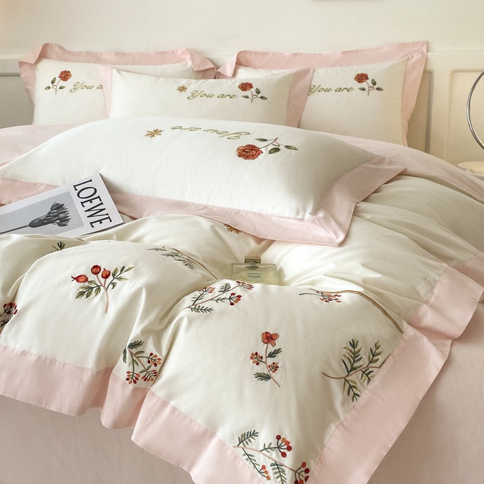 91家纺网 家纺一手货源 找家纺 2025新款小清新全棉纯棉四件套-若溪 茉莉奶白