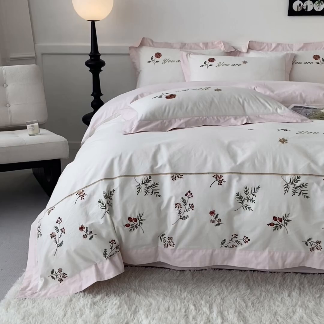 91家纺网 家纺一手货源 找家纺 2025新款小清新全棉纯棉四件套-若溪 茉莉奶白