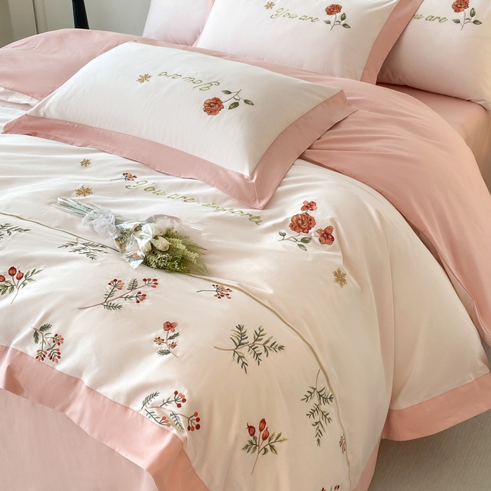 91家纺网 家纺一手货源 找家纺 2025新款小清新全棉纯棉四件套-若溪 杏花粉