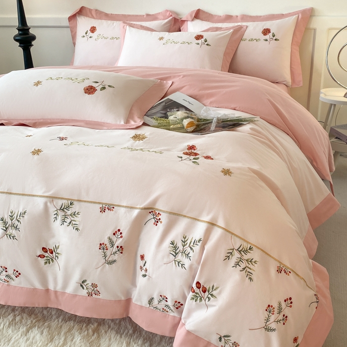 91家纺网 家纺一手货源 找家纺 2025新款小清新全棉纯棉四件套-若溪 杏花粉